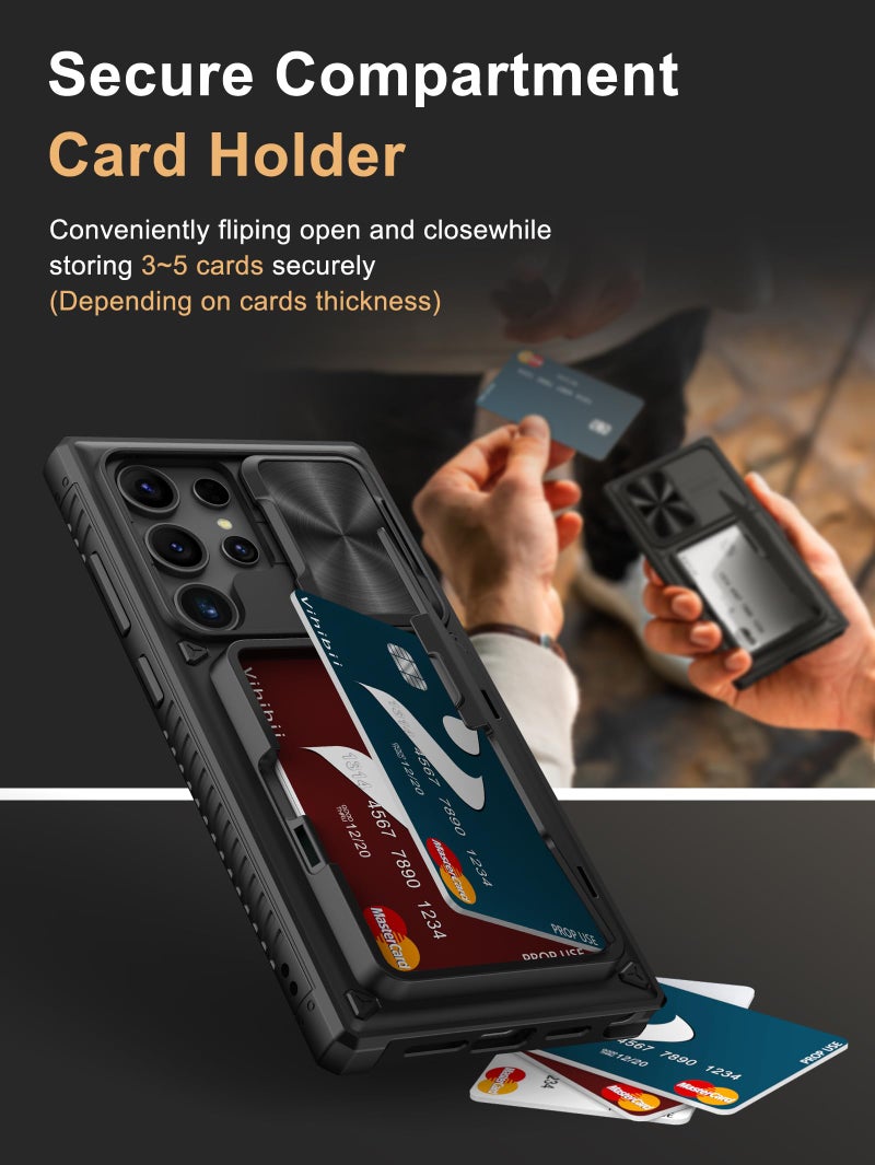 Vihibii for Samsung Galaxy S24 Ultra Case with Card Holder (4 Cards) & Slide Camera Cover & Kickstand, Shockproof Rugged Hard Back & TPU Soft Edge Wallet Case for Galaxy S24 Ultra 5G 6.8" 2024, Black - Image 3
