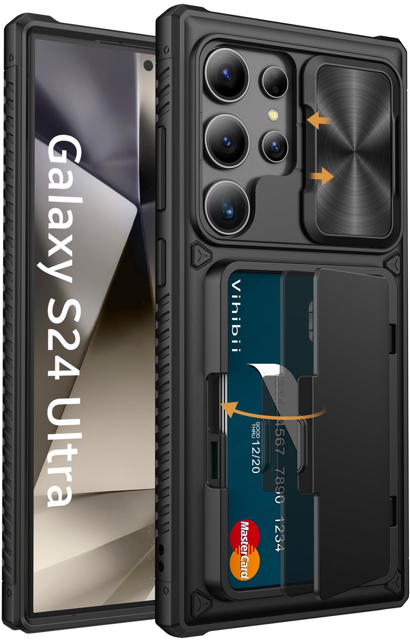 Vihibii for Samsung Galaxy S24 Ultra Case with Card Holder (4 Cards) & Slide Camera Cover & Kickstand, Shockproof Rugged Hard Back & TPU Soft Edge Wallet Case for Galaxy S24 Ultra 5G 6.8" 2024, Black - Image 1