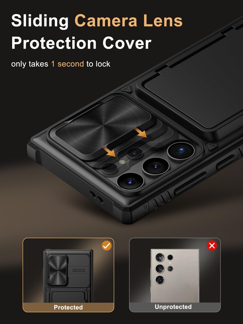 Vihibii for Samsung Galaxy S24 Ultra Case with Card Holder (4 Cards) & Slide Camera Cover & Kickstand, Shockproof Rugged Hard Back & TPU Soft Edge Wallet Case for Galaxy S24 Ultra 5G 6.8" 2024, Black - Image 4