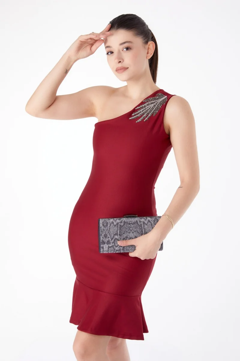 Tofisa Plain Medium Women's Burgundy Stone Evening Dress - 13183