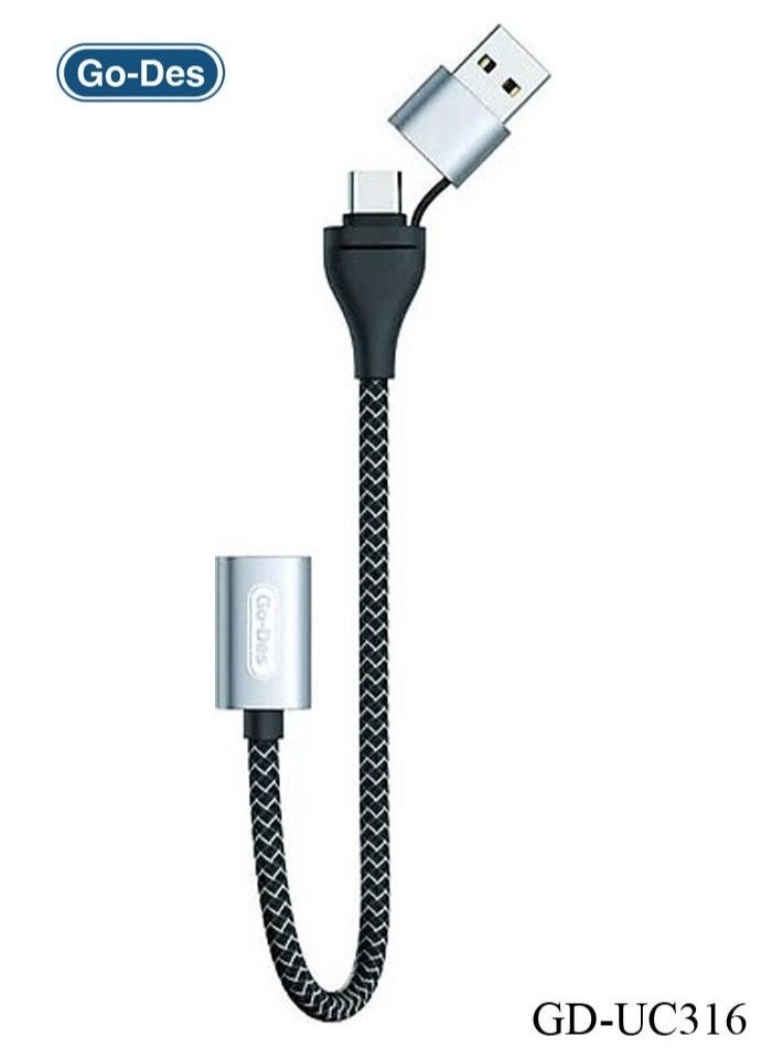 GO-DES GD-UC316 2-in-1 OTG Adapter USB-A & USB-C High-Speed Data Transfer & Charging Cable  - Image 3