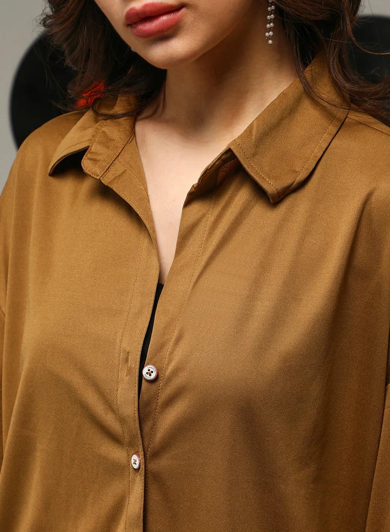 Campus Sutra Women's Mocha Brown Solid Oversized Shirt