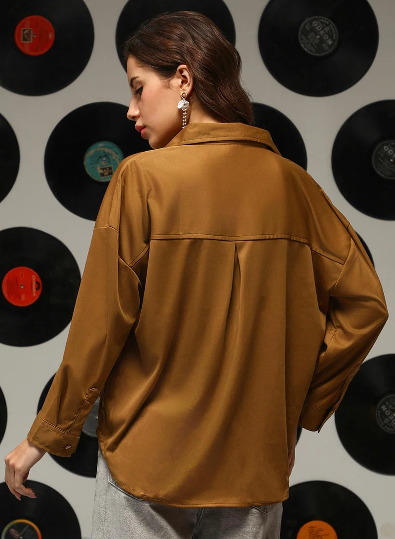 Campus Sutra Women's Mocha Brown Solid Oversized Shirt