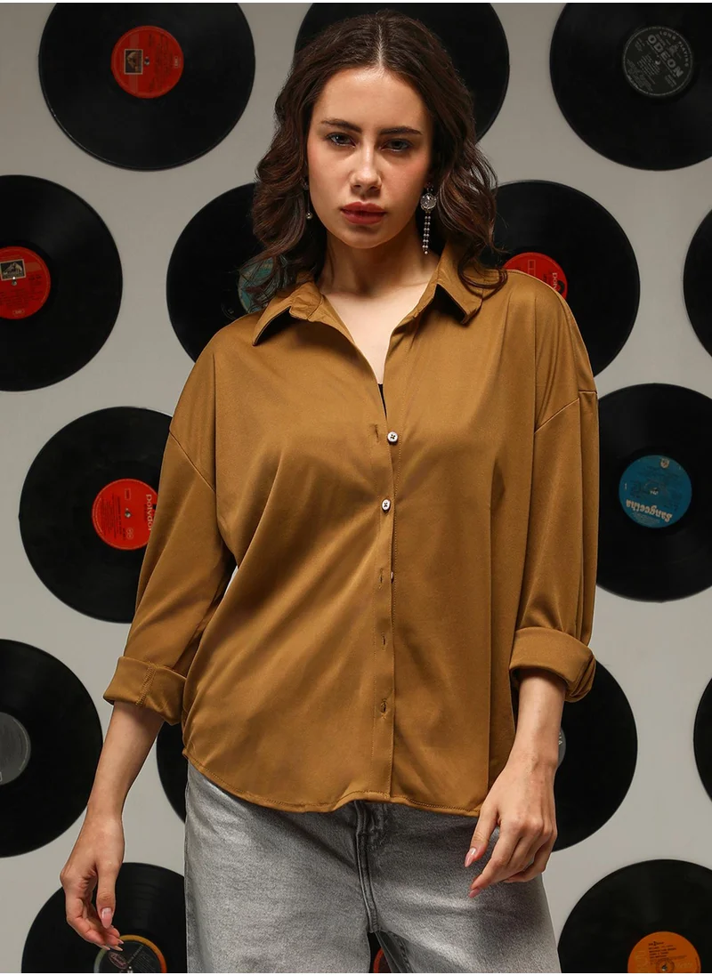 Campus Sutra Women's Mocha Brown Solid Oversized Shirt