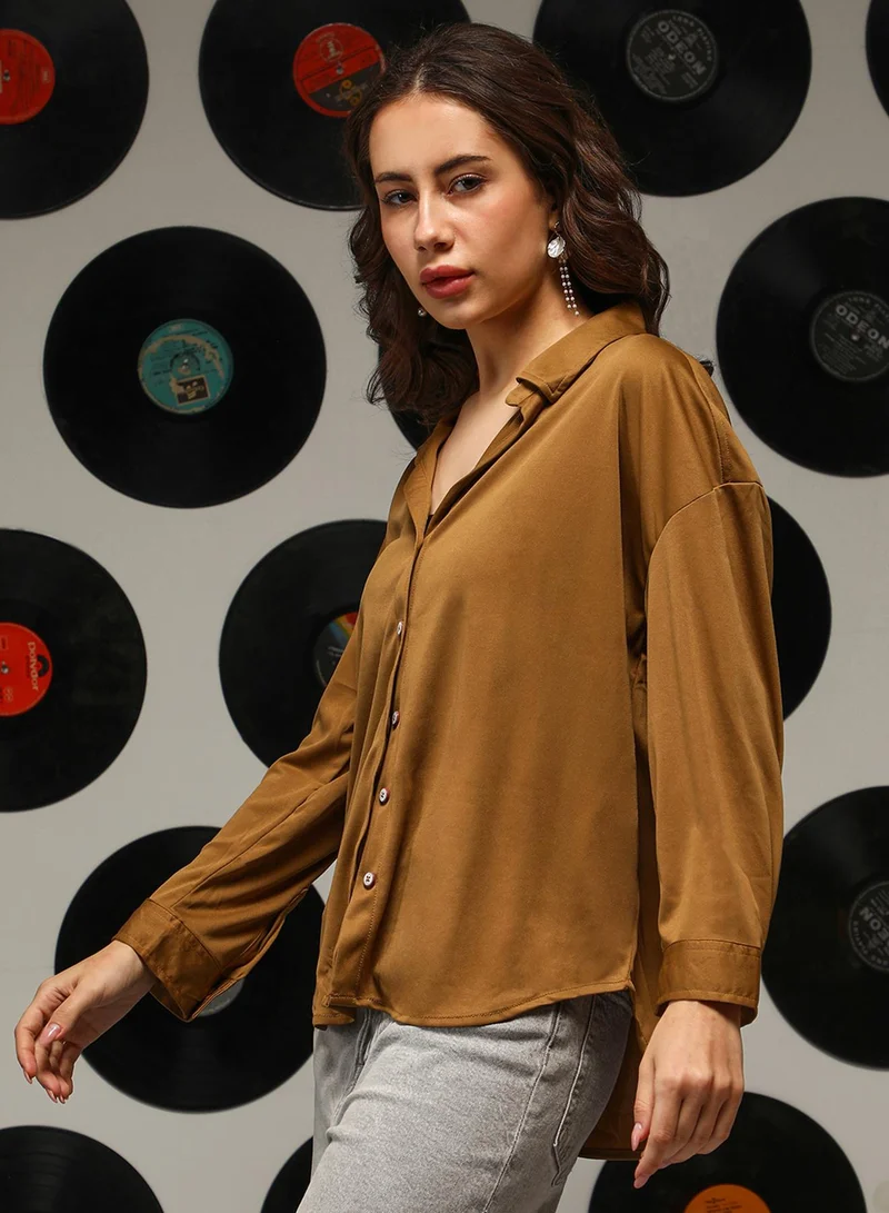 Campus Sutra Women's Mocha Brown Solid Oversized Shirt