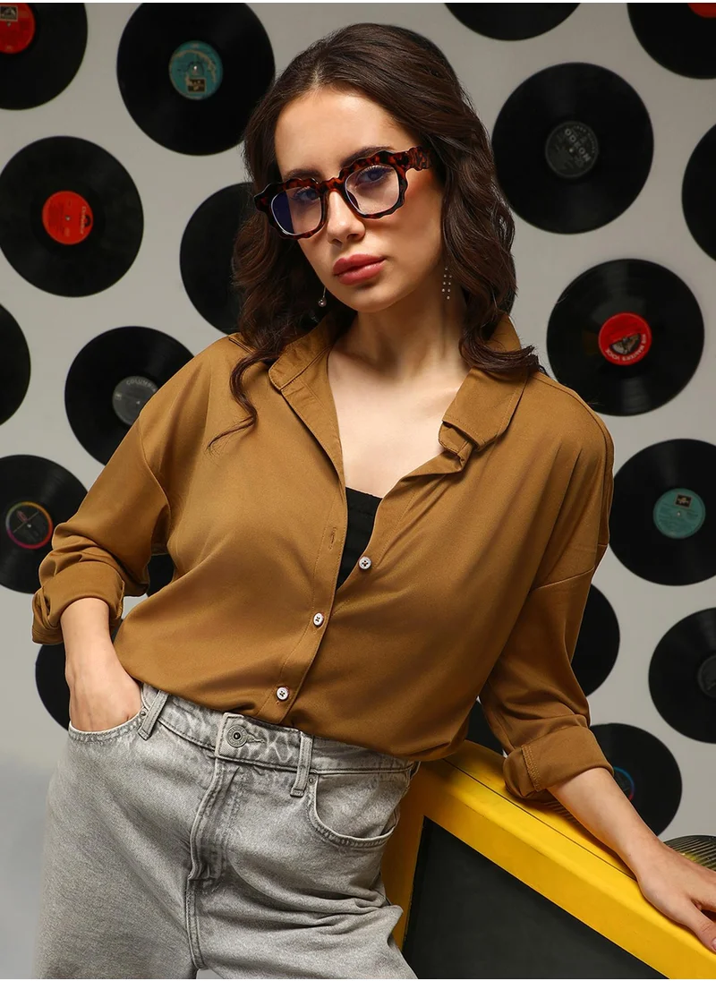 Campus Sutra Women's Mocha Brown Solid Oversized Shirt