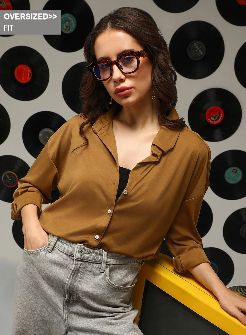 كامبوس سوترا Women's Mocha Brown Solid Oversized Shirt