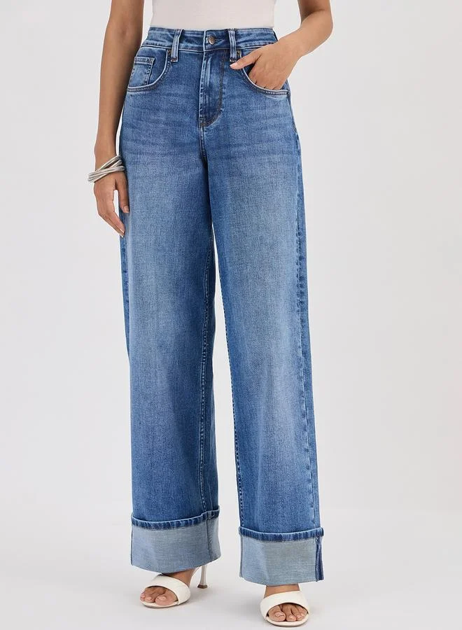 Blue Mid-Rise Wide Leg Jeans