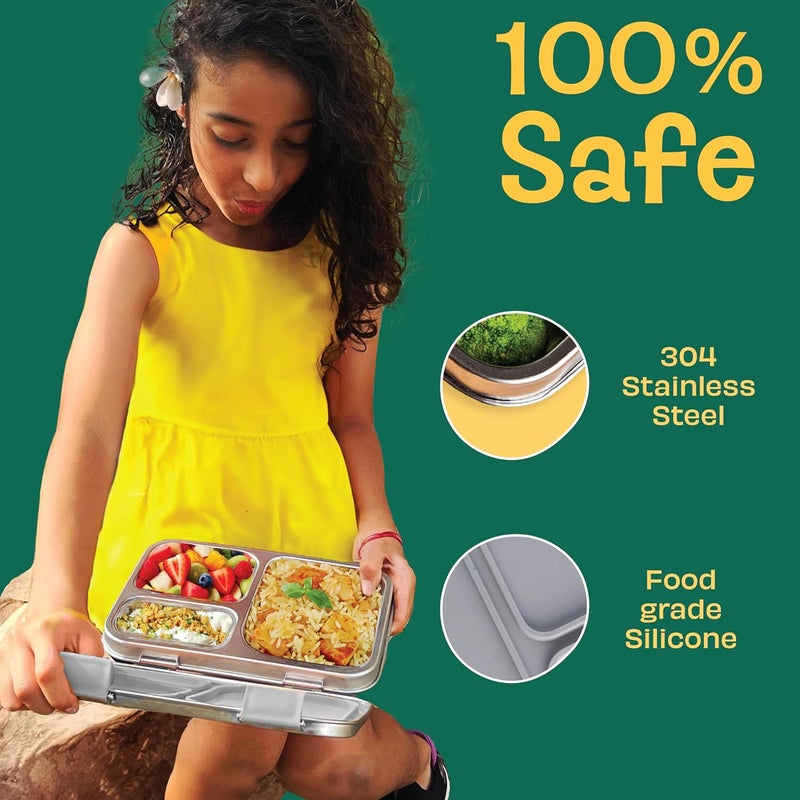 BASIL Bento Lunch Box – 900ml | 3-Compartment Stainless Steel Tiffin | Leak-Proof Lunch Box for Kids, Teenagers & Adults (Grey) - Image 2