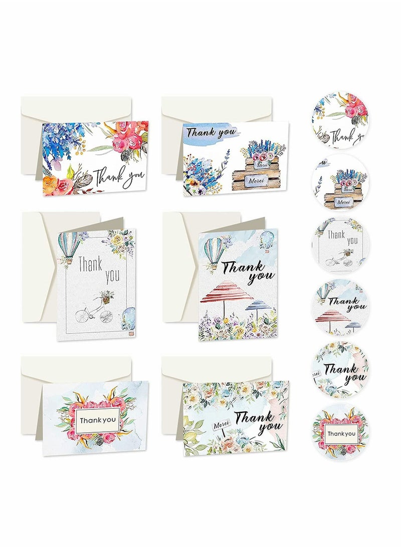 KASTWAVE - Thank You Cards Pack of 24, Flower Designs Elegant Bulk Thank You Notes, Ink Painting Series Thank You Cards, Gratitude Cards with 24 Stickers and 24 Envelopes for All Occasions, 6 Styles - Image 1