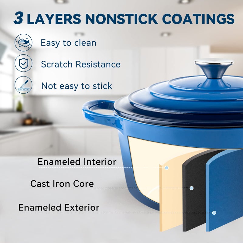 Miereirl 6 Quart Enameled Dutch Oven Pot with Lid, Cast Iron Dutch Oven with Dual Handles for Bread Baking, Cooking, Non-stick Enamel Coated Cookware (Dark Blue) - Image 3