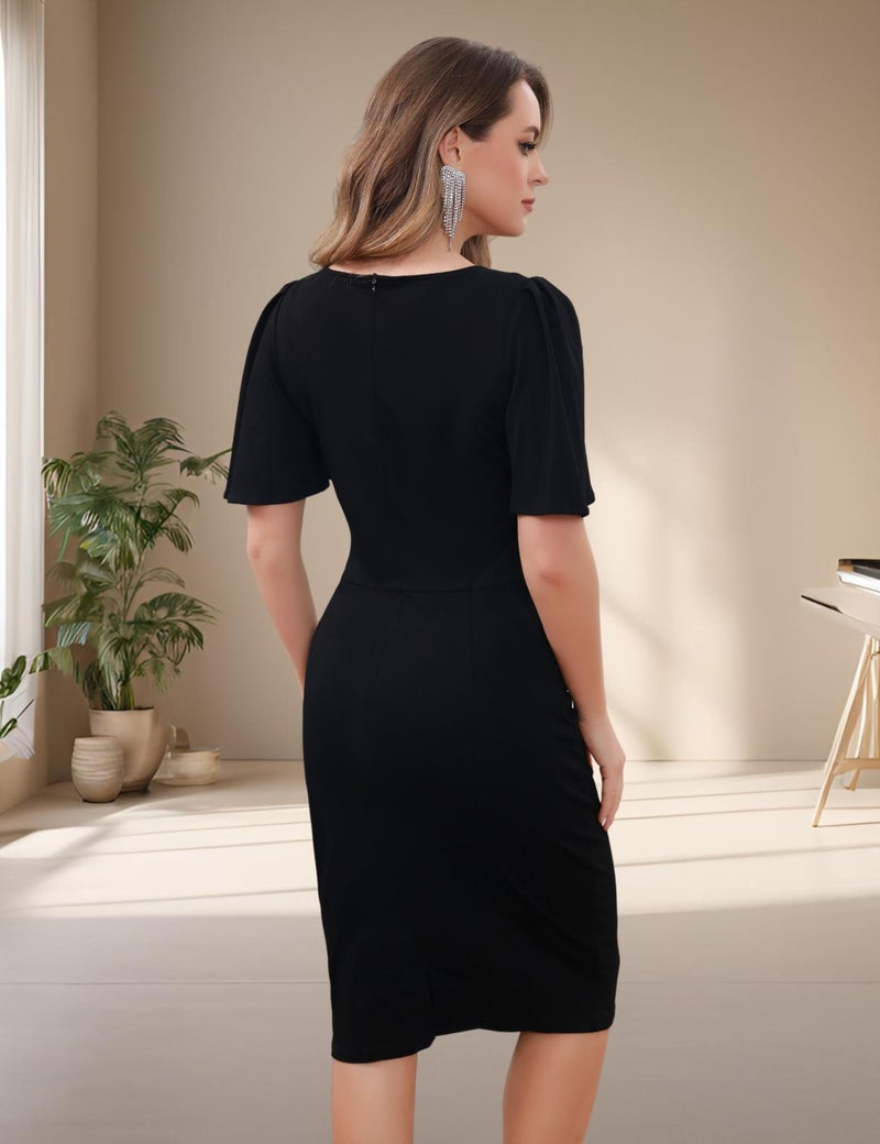 Aphratti Black Dresses for Women Funeral Party Church Graduation Classy Cocktail Sheath Summer Dress Black Medium - Image 2