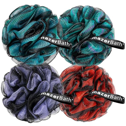AmazerBath Charcoal Loofah Sponge Shower Loofah 60gPCS Body Scrubber Loofa Set of 4 Charcoal Blue Green Purple Red Bath Sponge for Men and Women