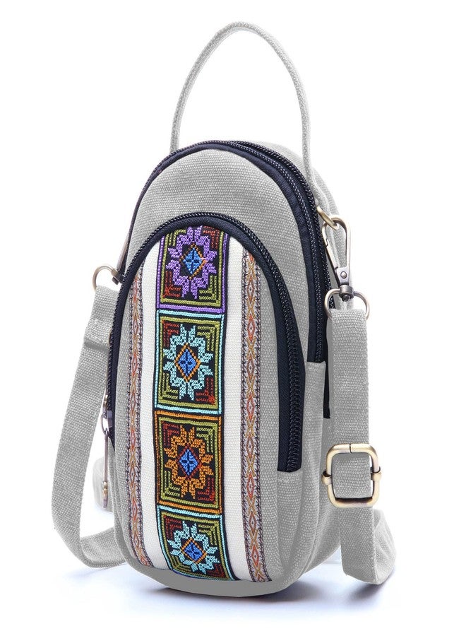 SILKAREA Women Canvas Cell Phone Purse Crossbody Bag Embroidered Small Shoulder Bags Handbags Credit Card Wallet Pouch (Light Grey) - Image 1