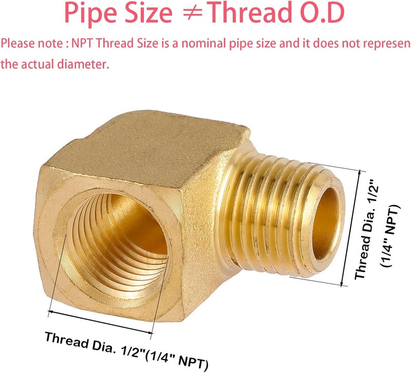Sanpaint 2 Pack Brass Fitting,1/4" NPT Male Pipe to 1/4" NPT Female Pipe, 90 Degree Barstock Street Elbow(O.D x I.D: 1/2'' x 1/2'') - Image 3