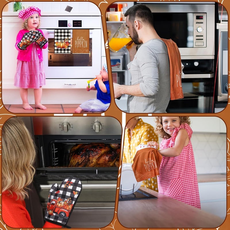 Mindsoft 6 Pcs Thanksgiving Kitchen Towels Pot Holders and Oven Mitts Set Including 2 Pumpkin Dish Hand Towels 2 Thanksgiving Square Potholders 2 Heat Resistant Gloves for Cooking Baking Gift Home - Image 5