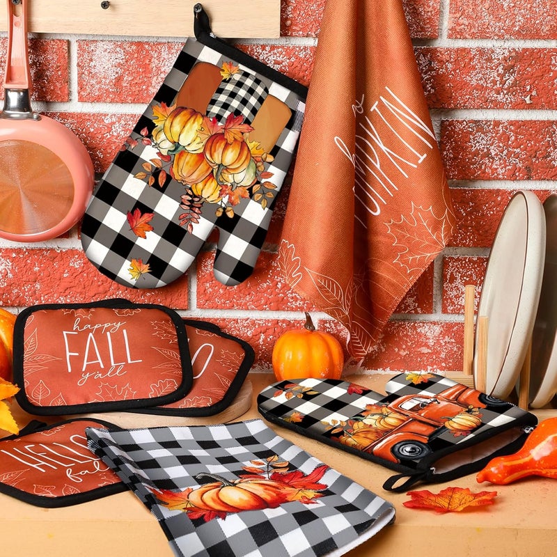 Mindsoft 6 Pcs Thanksgiving Kitchen Towels Pot Holders and Oven Mitts Set Including 2 Pumpkin Dish Hand Towels 2 Thanksgiving Square Potholders 2 Heat Resistant Gloves for Cooking Baking Gift Home - Image 4