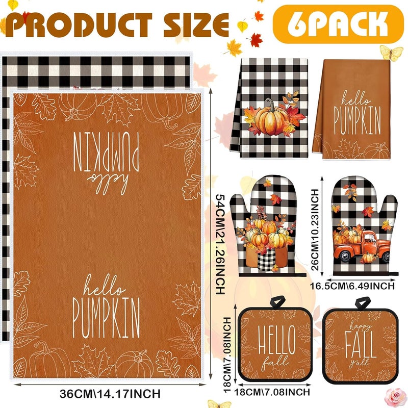 Mindsoft 6 Pcs Thanksgiving Kitchen Towels Pot Holders and Oven Mitts Set Including 2 Pumpkin Dish Hand Towels 2 Thanksgiving Square Potholders 2 Heat Resistant Gloves for Cooking Baking Gift Home - Image 2