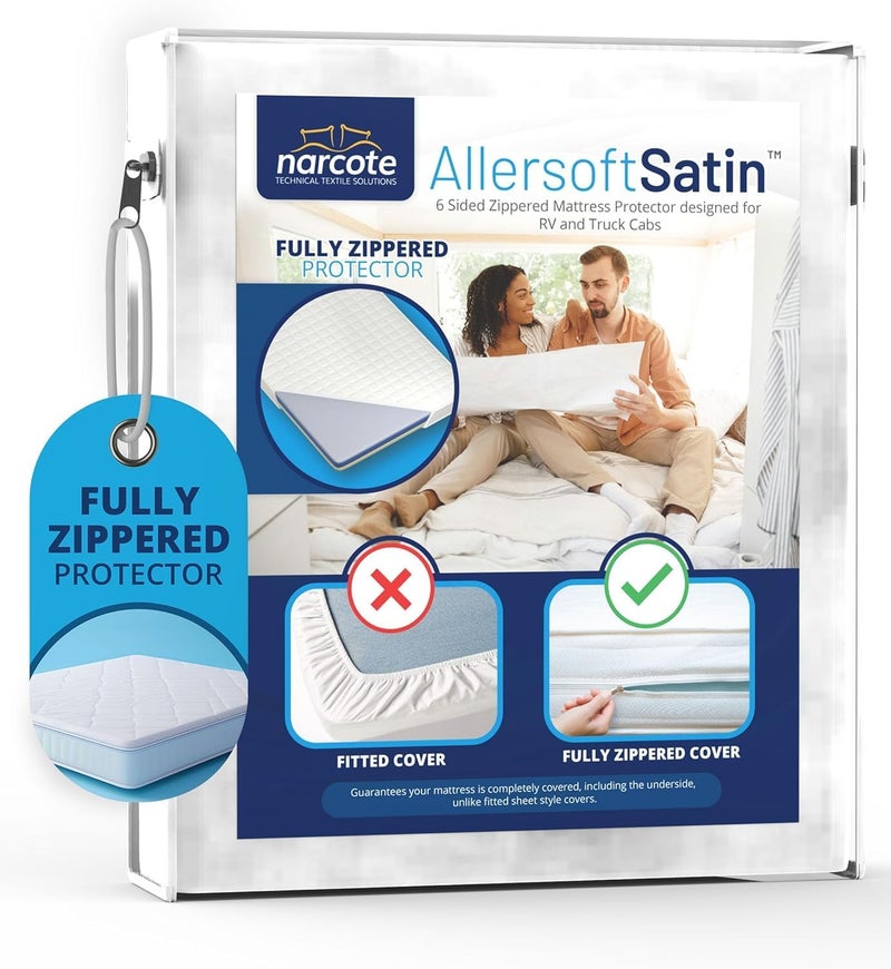 AllerSoft RV 6 Sided Zippered Mattress Protector with Secure Locking Zipper for Shorter 3-8 Depths| Creates a Natural Seal Around Your Mattress from Dust, Pet Dander, Pollen, Liquids & More| 28x72 - Image 1