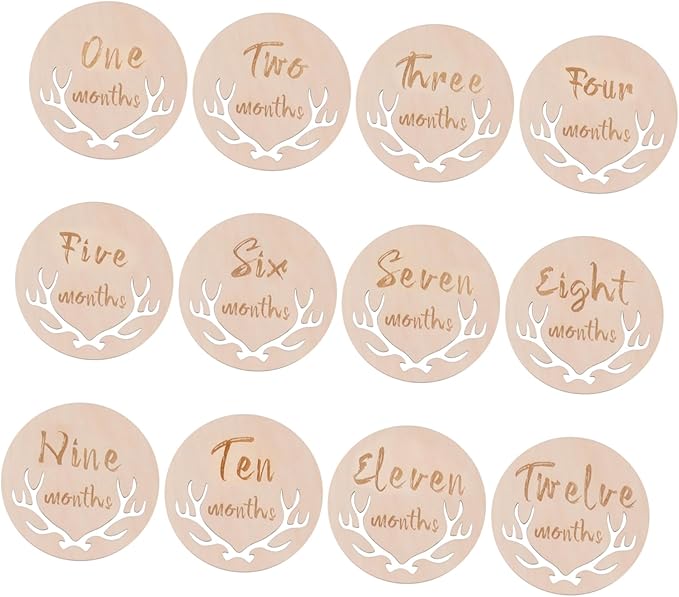 Wooden Newborn Photography Props 12pcs Growth Cards Set Creative Keepsake Beige 10x10cm - Image 1