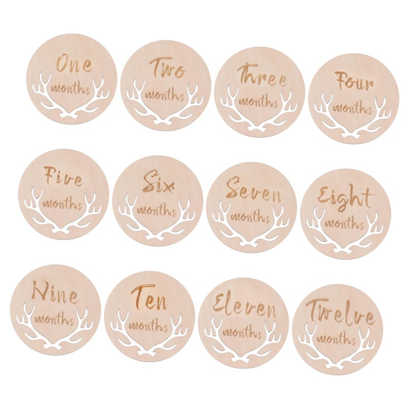Wooden Newborn Photography Props 12pcs Growth Cards Set Creative Keepsake Beige 10x10cm - Image 2