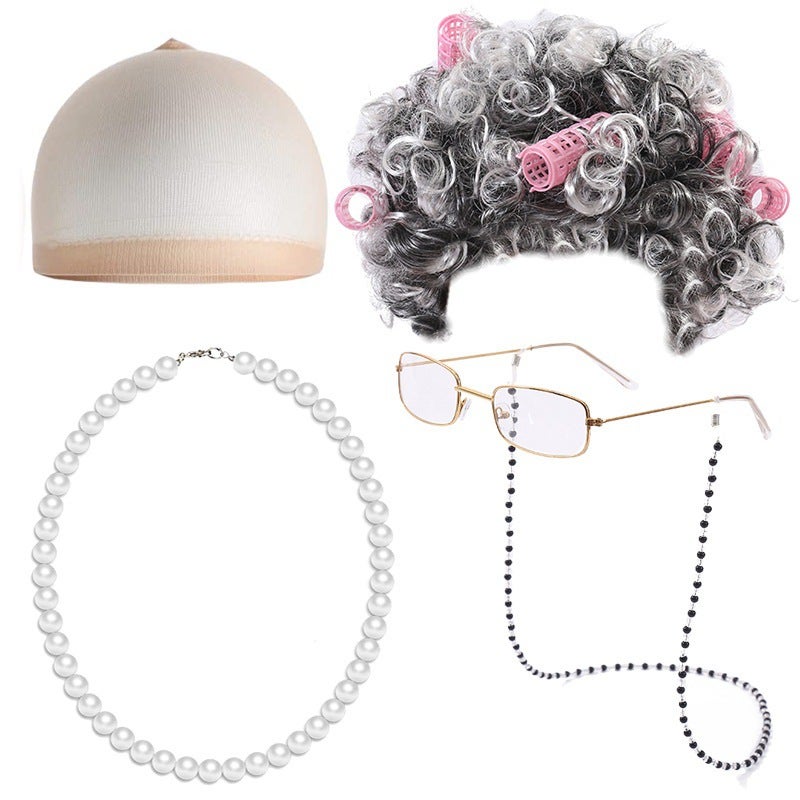 Generic Halloween Granny Wig Cosplay Curly Hair Costume SetBlack and white curly hair five-piece set (curling iron) Black and white curly hair five-piece set (curling iron)