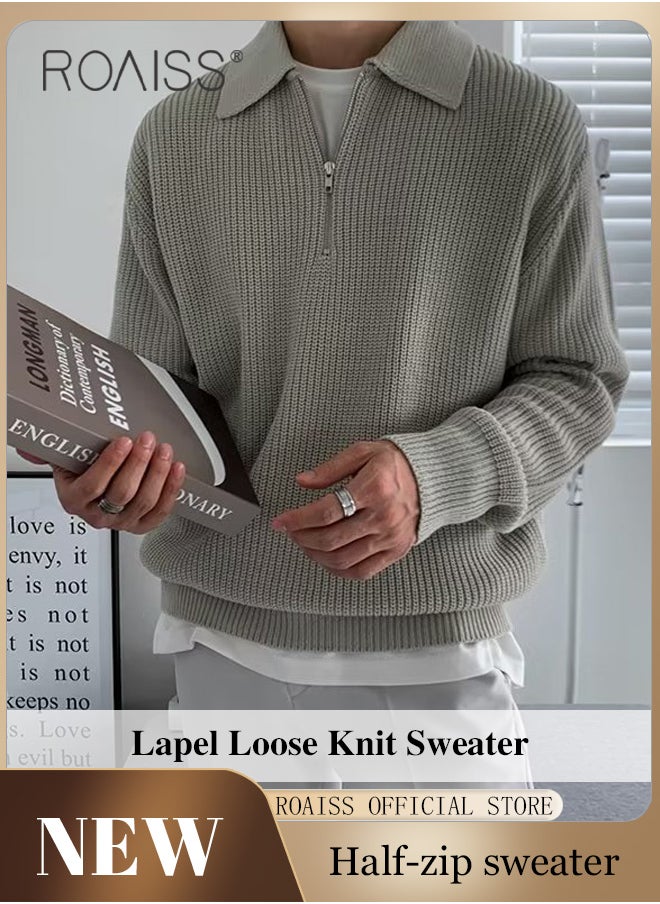 roaiss Half Turtleneck Sweater for Men with Zipper Men's Lapel Loose Sweater Vertical Pattern Solid Color Design Visually Slimming Comfortable and Stylish Knit Pullover  - Image 1