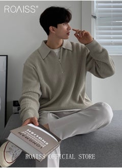 roaiss Half Turtleneck Sweater for Men with Zipper Men's Lapel Loose Sweater Vertical Pattern Solid Color Design Visually Slimming Comfortable and Stylish Knit Pullover  - Image 2