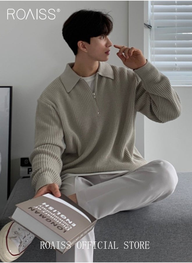 roaiss Half Turtleneck Sweater for Men with Zipper Men's Lapel Loose Sweater Vertical Pattern Solid Color Design Visually Slimming Comfortable and Stylish Knit Pullover  - Image 2