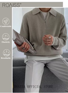 roaiss Half Turtleneck Sweater for Men with Zipper Men's Lapel Loose Sweater Vertical Pattern Solid Color Design Visually Slimming Comfortable and Stylish Knit Pullover  - Image 3