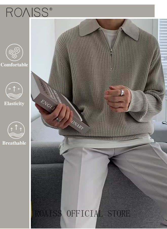 roaiss Half Turtleneck Sweater for Men with Zipper Men's Lapel Loose Sweater Vertical Pattern Solid Color Design Visually Slimming Comfortable and Stylish Knit Pullover  - Image 3