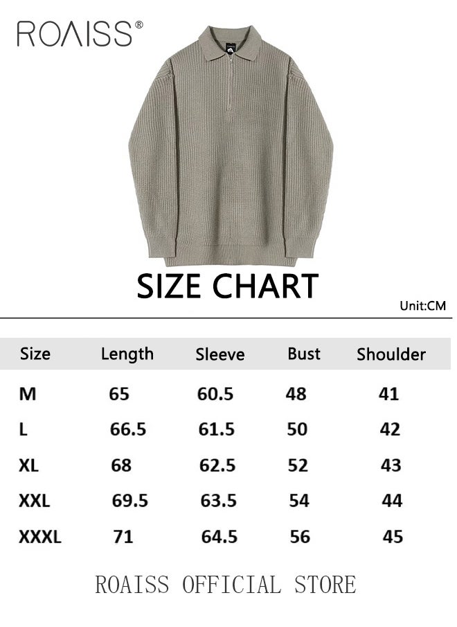 roaiss Half Turtleneck Sweater for Men with Zipper Men's Lapel Loose Sweater Vertical Pattern Solid Color Design Visually Slimming Comfortable and Stylish Knit Pullover  - Image 4
