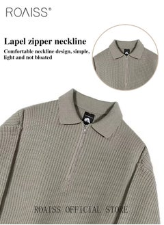 roaiss Half Turtleneck Sweater for Men with Zipper Men's Lapel Loose Sweater Vertical Pattern Solid Color Design Visually Slimming Comfortable and Stylish Knit Pullover  - Image 5