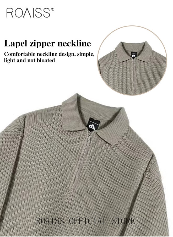 roaiss Half Turtleneck Sweater for Men with Zipper Men's Lapel Loose Sweater Vertical Pattern Solid Color Design Visually Slimming Comfortable and Stylish Knit Pullover  - Image 5