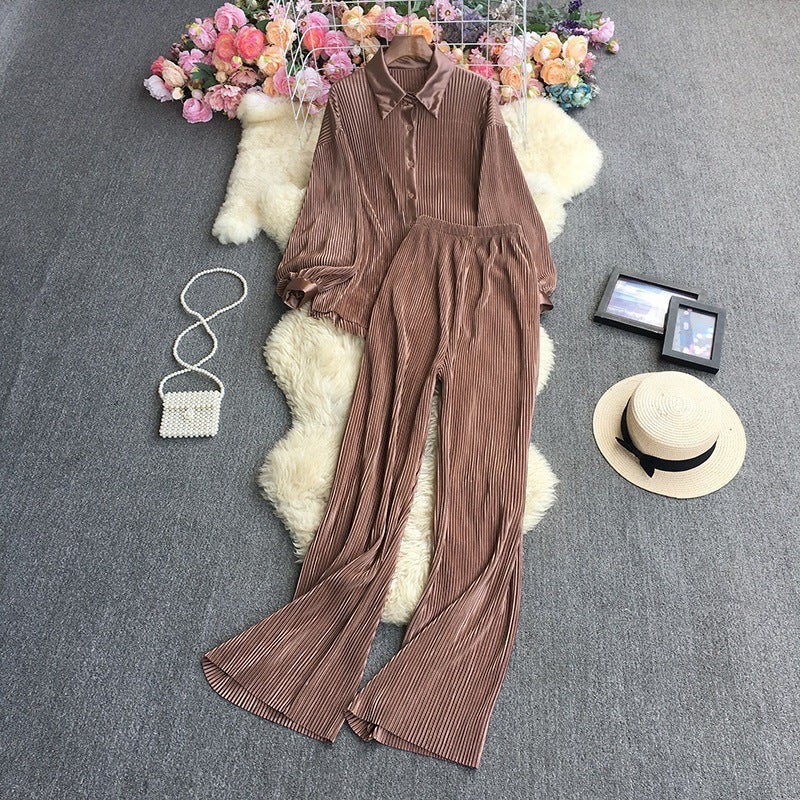 Chic Loose Pleated Shirt Trouser Set Khaki