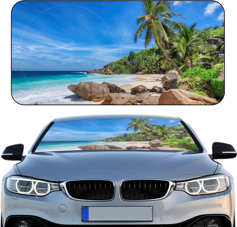 Woanger Summer Beach Print Windshield Sun Shade Foldable Car Front Window Covers for Car Accessories Sun Heat UV Rays Visor Protector Protection for Universal Cars SUV Truck - Image 1