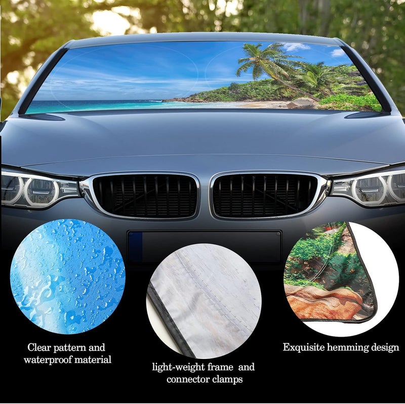 Woanger Summer Beach Print Windshield Sun Shade Foldable Car Front Window Covers for Car Accessories Sun Heat UV Rays Visor Protector Protection for Universal Cars SUV Truck - Image 5