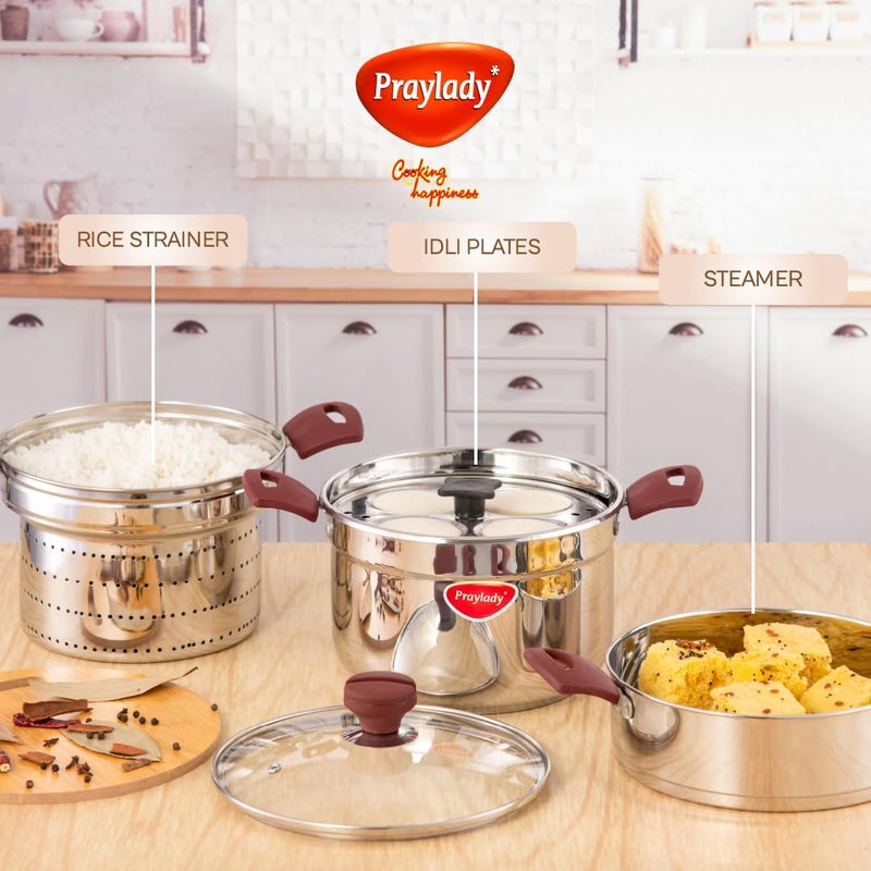 Praylady Multi Purpose Cookpot Triply Base Glass Lid Steamer for Vegetables Kitchen Includes Strainer Steamer 4 Idly Plates HeatResistant Silicone Handles Ideal for Cooking Frying - Image 3