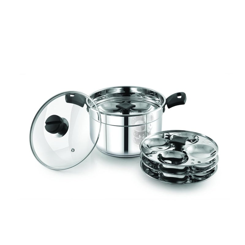 Praylady Multi Purpose Cookpot Triply Base Glass Lid Steamer for Vegetables Kitchen Includes Strainer Steamer 4 Idly Plates HeatResistant Silicone Handles Ideal for Cooking Frying - Image 1
