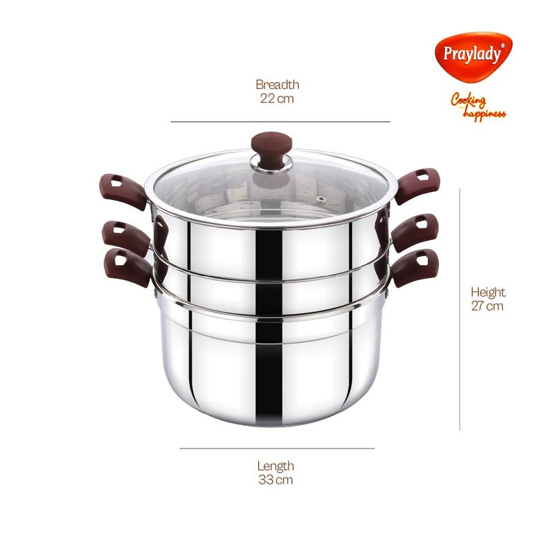 Praylady Multi Purpose Cookpot Triply Base Glass Lid Steamer for Vegetables Kitchen Includes Strainer Steamer 4 Idly Plates HeatResistant Silicone Handles Ideal for Cooking Frying - Image 4