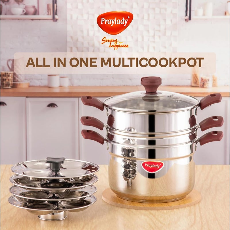 Praylady Multi Purpose Cookpot Triply Base Glass Lid Steamer for Vegetables Kitchen Includes Strainer Steamer 4 Idly Plates HeatResistant Silicone Handles Ideal for Cooking Frying - Image 2