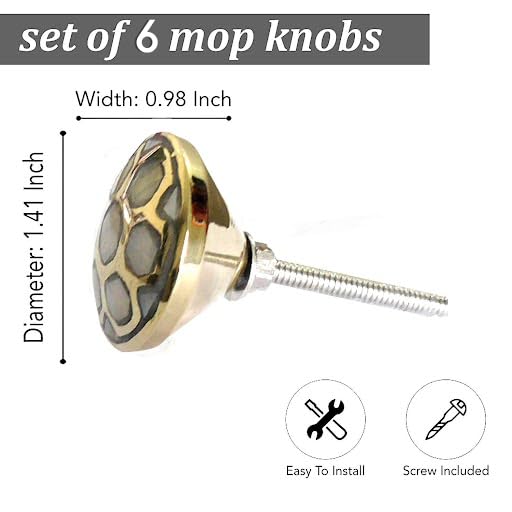 Perilla Home Set of 6 Knobs for Cabinet & Drawers Mother of Pearl Brass Knobs Decorative Vintage Knobs for Home Kitchen Cabinet Hardware Cupboard Door Dresser Wardrobe & Drawer Pulls (Design-3) - Image 2