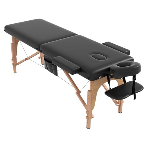 civama civama Massage Table Massage Bed Portable 29 LBs Light Weight 2 Section Foldable Tattoo Bed Facial Care Spa Lash Bed Height Adjustable Sturdy Wooden Frame with Accessories Carrying Bag Black