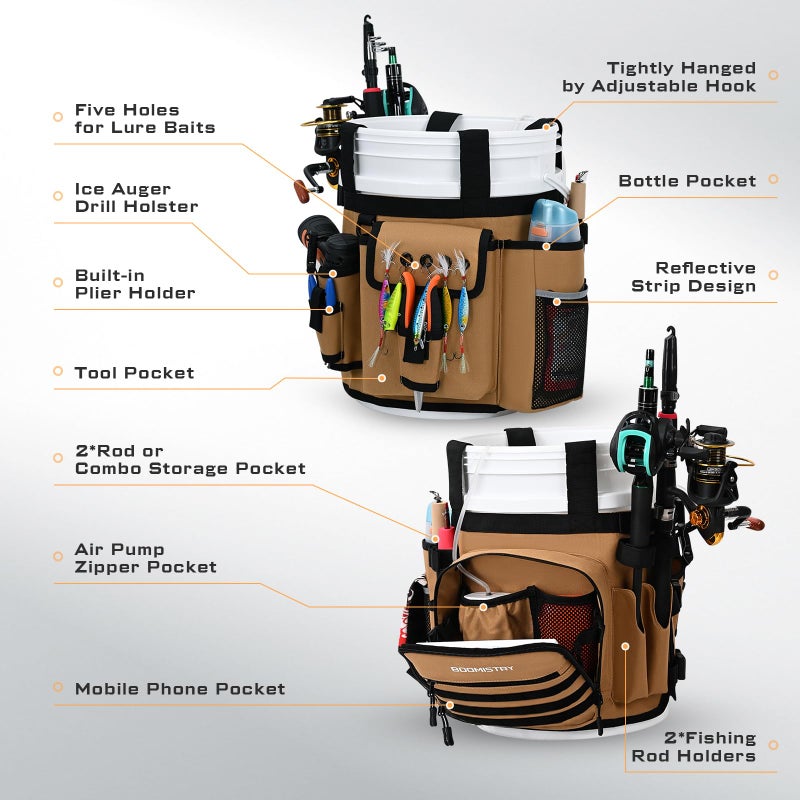 Boomistry Fishing Bucket Organizer for 5 Gallon Bucket Accessories, Fishing Tackle Bag with Adjustable Buckle, Fishing Rod Bag with 15 Multi-Pockets for Fishing Gear and Equipment (Khaki) - Image 3