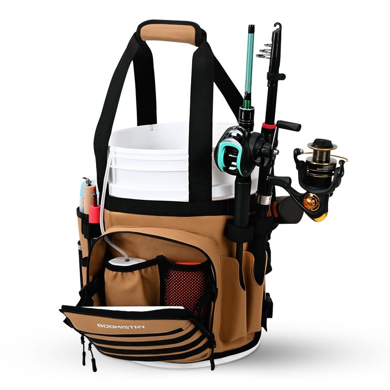 Boomistry Fishing Bucket Organizer for 5 Gallon Bucket Accessories, Fishing Tackle Bag with Adjustable Buckle, Fishing Rod Bag with 15 Multi-Pockets for Fishing Gear and Equipment (Khaki) - Image 1