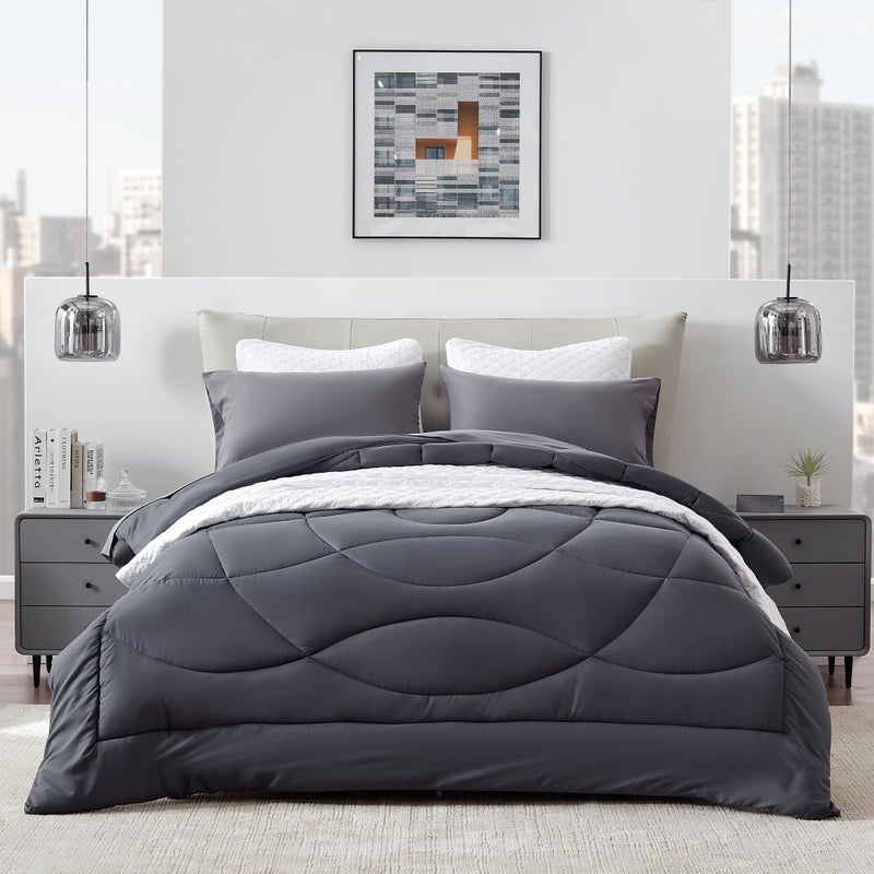SLEEP ZONE Comforter Duvet Insert Queen Size Quilted Reversible Comforters Soft All Season Duvet Down Alternative Breathable Bedding with 8 tabs 2 Sides Dark Gray 88 x 88 Inches