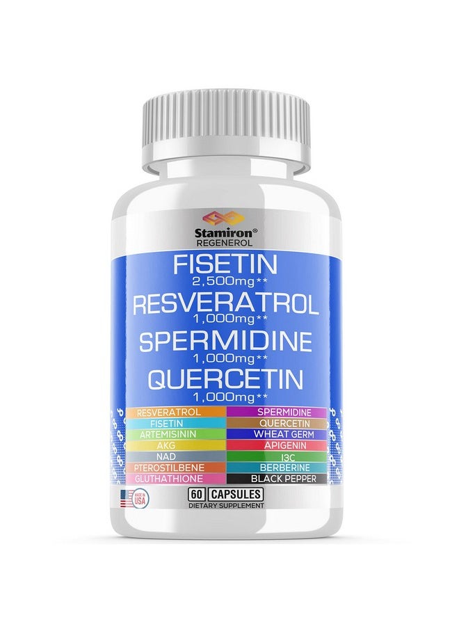 Stamiron - Fisetin 2500Mg Resveratrol 1000Mg Spermidine Wheat Germ 1000Mg Quercetin 1000Mg Supplement With Collagen Glutathione Berberine Nad Rhodiola Akg Apigenin I3C Turmeric Made In Usa - Image 1