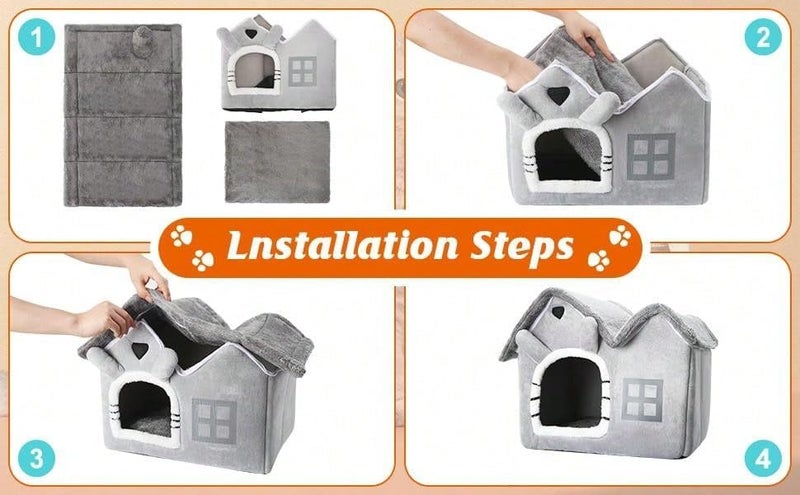 FunMay Luxury Foldable Pet House for Cats, Small Dogs & Small Animals – Double Roof Bunny-Shaped Indoor Kennel, 30D Memory Foam, Removable & Washable Cushion, Anti-Slip Base S/M/L/XL Available (Grey, S) - Image 5