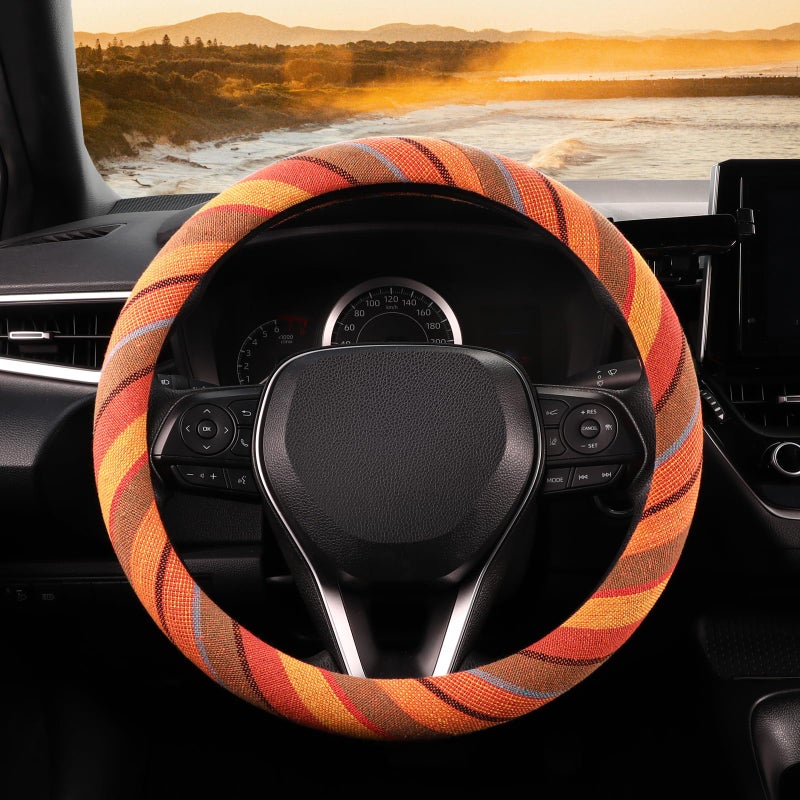 SEG Direct Boho Steering Wheel Cover with Baja Blanket Cloth Ethnic Style Auto Wheel Cover Made of Coarse Flax Fits 14 1215 14 inches Car Wheel - Image 2