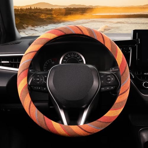 SEG Direct Boho Steering Wheel Cover with Baja Blanket Cloth Ethnic Style Auto Wheel Cover Made of Coarse Flax Fits 14 1215 14 inches Car Wheel - Image 1